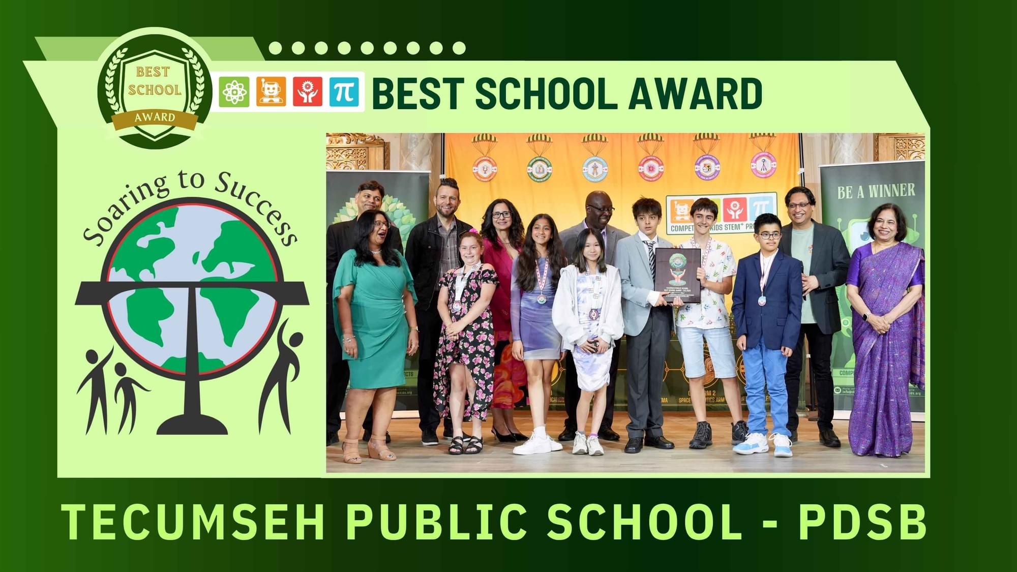 Best School Award — Tecumseh Public School (PDSB) students with the school's principal and CKSTEM organisers at the 2025 ceremony.