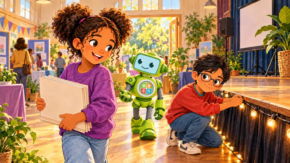 Amara carries display cards, CKSprout coaches the children, and Rowan fastens lights along the stage in a bright community hall.