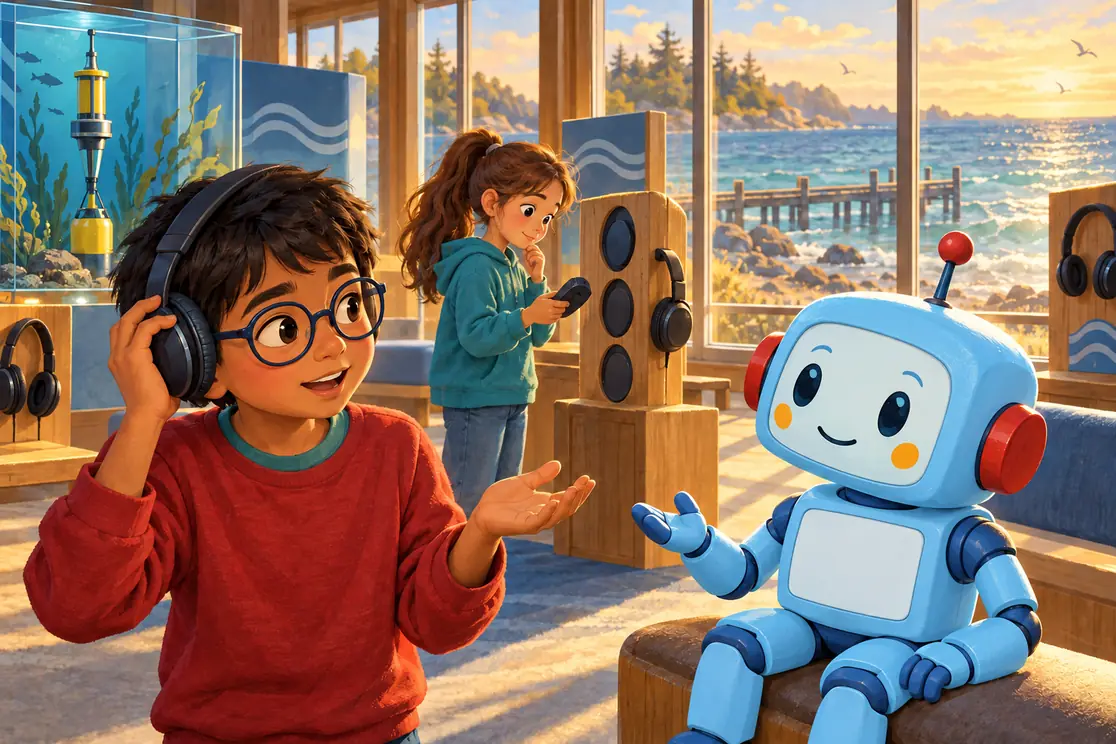 Rowan explains what he noticed through headphones to seated blue coach CKRobo, while Mina checks a separate listening exhibit beside windows overlooking the sea.