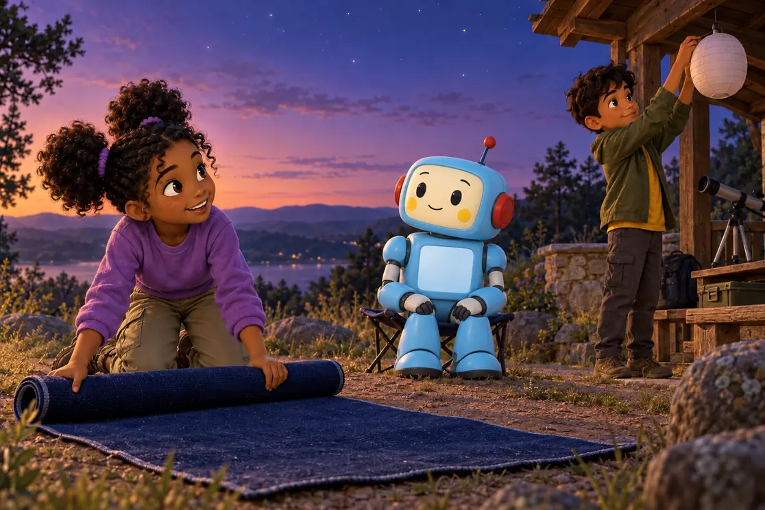 Amara unrolls a ground covering while Arjun hangs an unlit sample lantern. Sky-blue CKRobo sits nearby, listening as their coach.