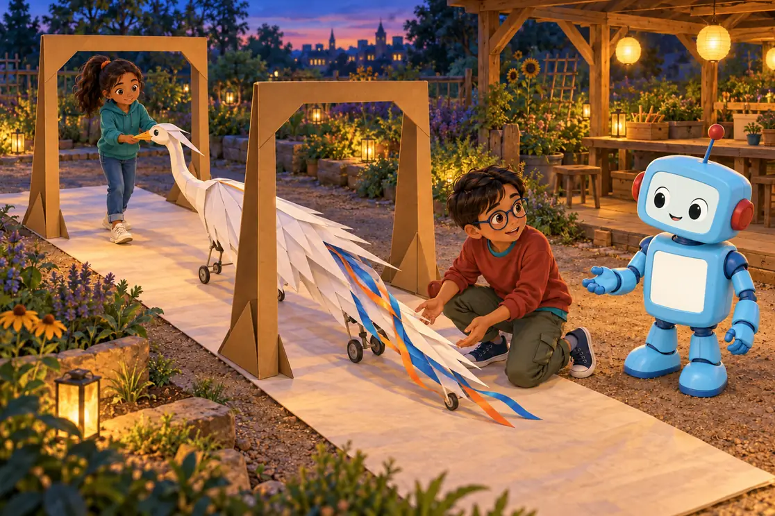 Mina rehearses a long paper-bird model on a garden mat while Rowan checks its trailing end and blue coach CKRobo listens nearby.