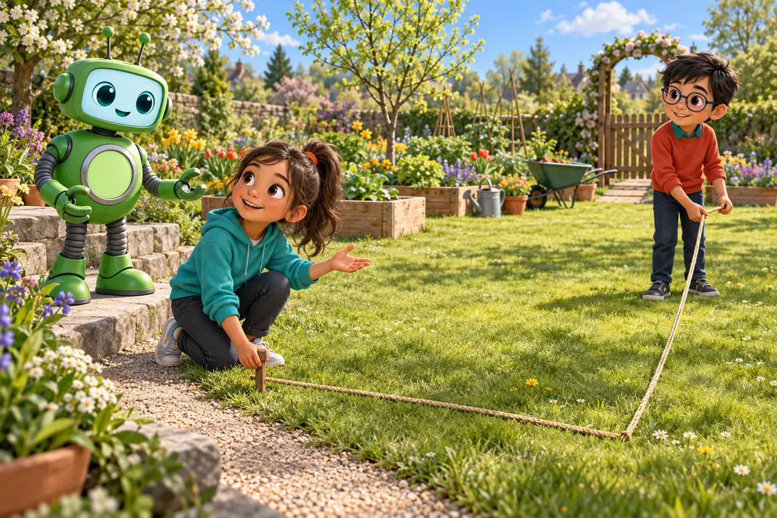 Mina sets a garden peg while Rowan carries a loose edging rope across the grass. Green coach CKSprout stands nearby, listening with open hands.