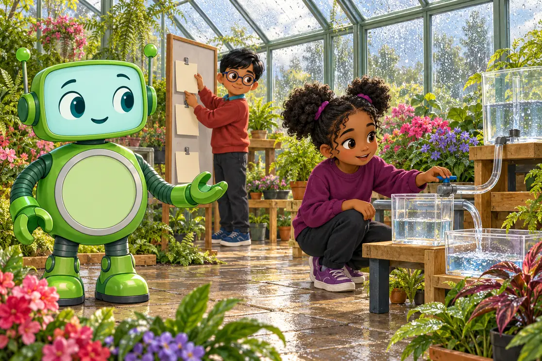 Amara adjusts a small greenhouse demonstration valve while Rowan prepares a planning board. Green coach CKSprout listens nearby.