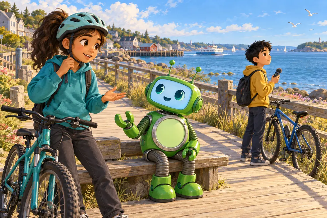 Mina pauses with her bicycle and explains an idea to green coach CKSprout, while Li Wei listens to the shore with a small recorder.