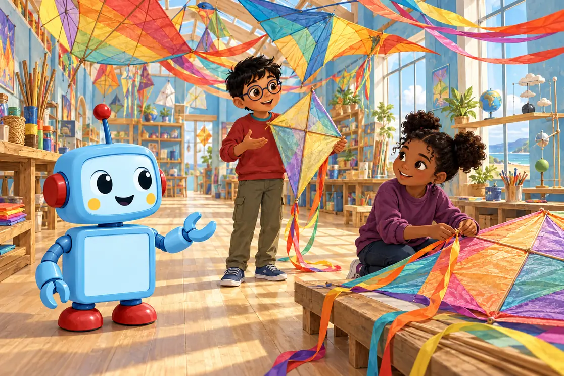 Amara fastens a ribbon to a kite, Rowan explains an idea while holding another frame, and full blue coach CKRobo listens beneath a canopy of colourful kites.
