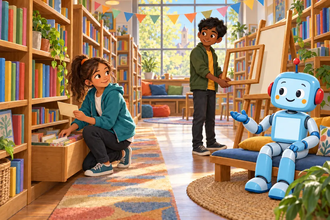 Mina retrieves an old model from a library shelf while Arjun prepares an empty display frame. Blue coach CKRobo listens from a nearby bench.