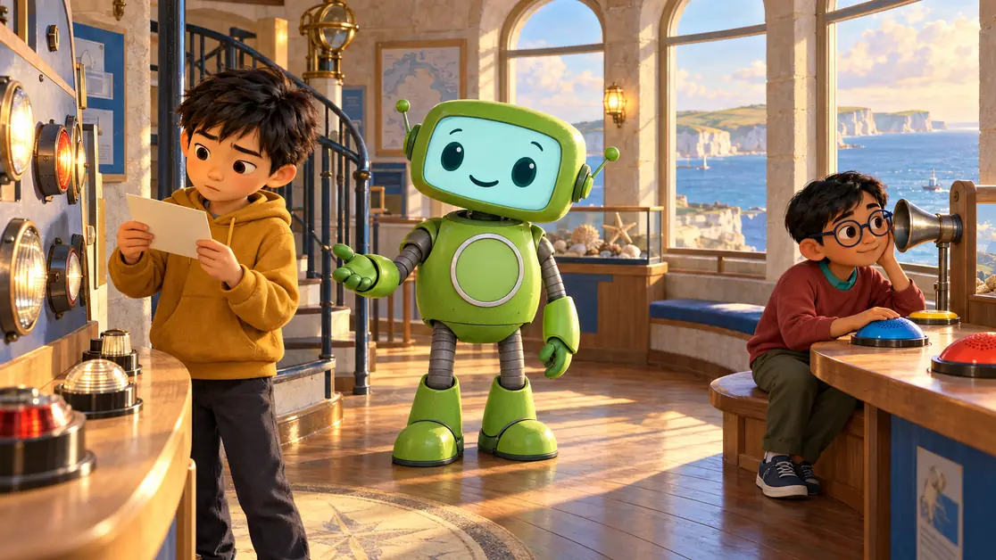Li Wei studies an exhibit card, Rowan listens at a sound station, and green coach CKSprout invites an explanation inside a coastal lighthouse discovery centre.