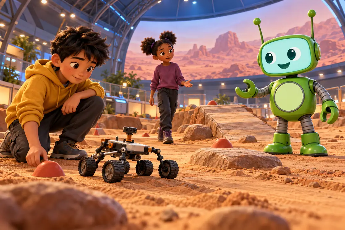 Li Wei crouches beside a model rover, Amara explains what she observed along the test lane, and green coach CKSprout listens inside a Mars-rehearsal dome.