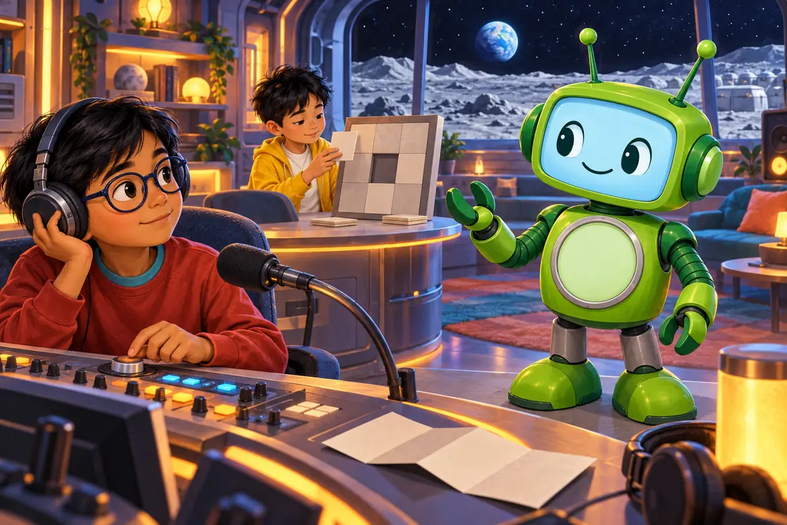 Inside an imagined Moon-base radio studio, Rowan listens through headphones, Li Wei examines a loose light tile and green coach CKSprout listens beside them.