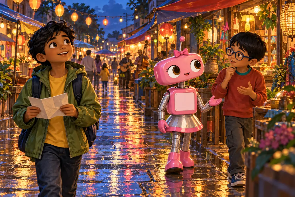 Arjun explores a lantern-lit market with a folded map. Rowan explains an idea while pink robot coach CKRobi listens with an open hand.