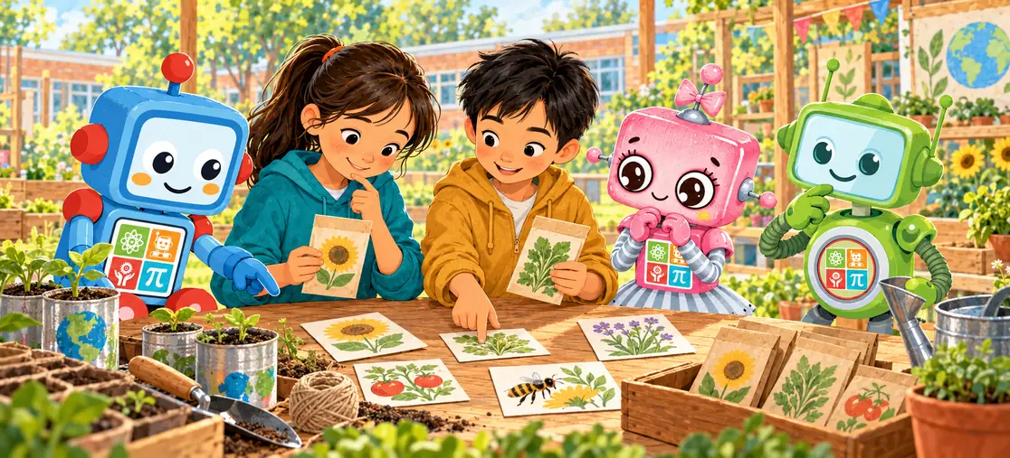 Mina and Li Wei compare seed-picture cards at a school garden worktable, with blue CKRobo, pink CKRobi and green CKSprout thinking alongside them.