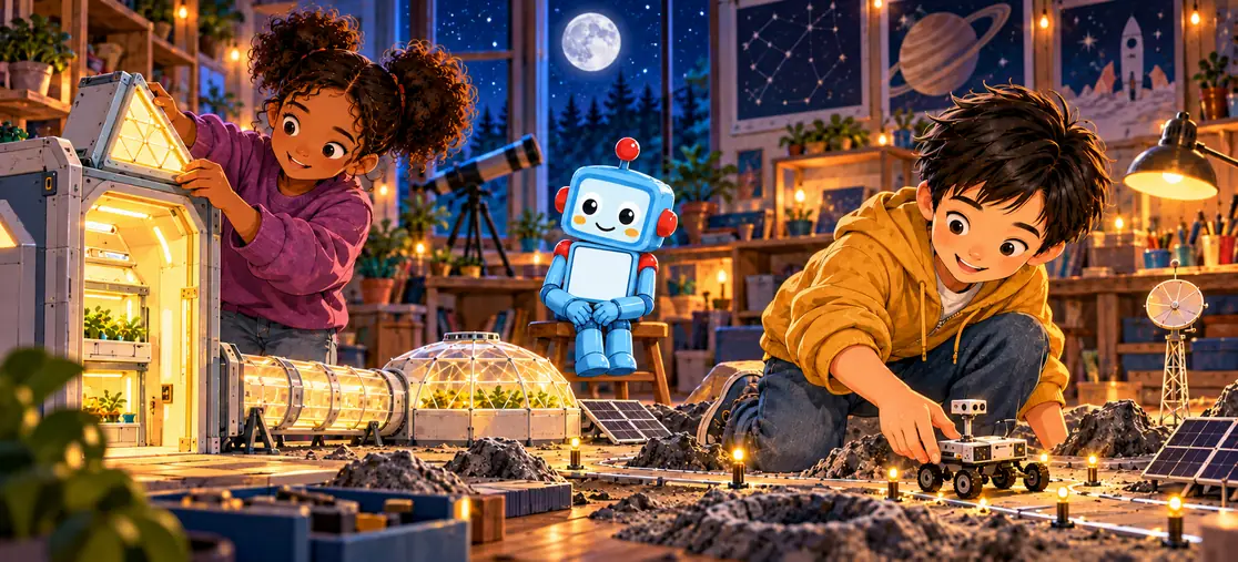 Amara and Li Wei explore a handmade model Moon base with blue CKRobo at an indoor science club. Amara fits a light panel to a doorway while Li Wei kneels to set a miniature rover on its track.