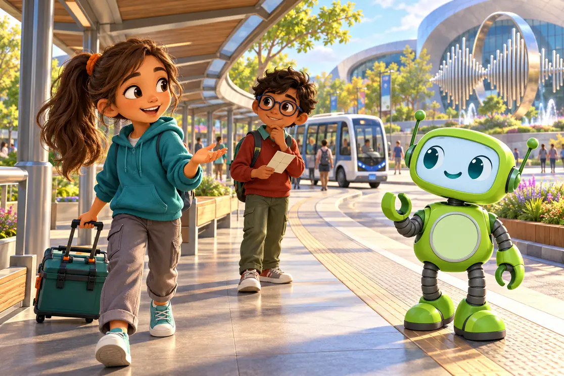 Mina pulls a reusable supply case through a transport plaza. Rowan pauses with a route card, while full green coach CKSprout listens beside the shelter.