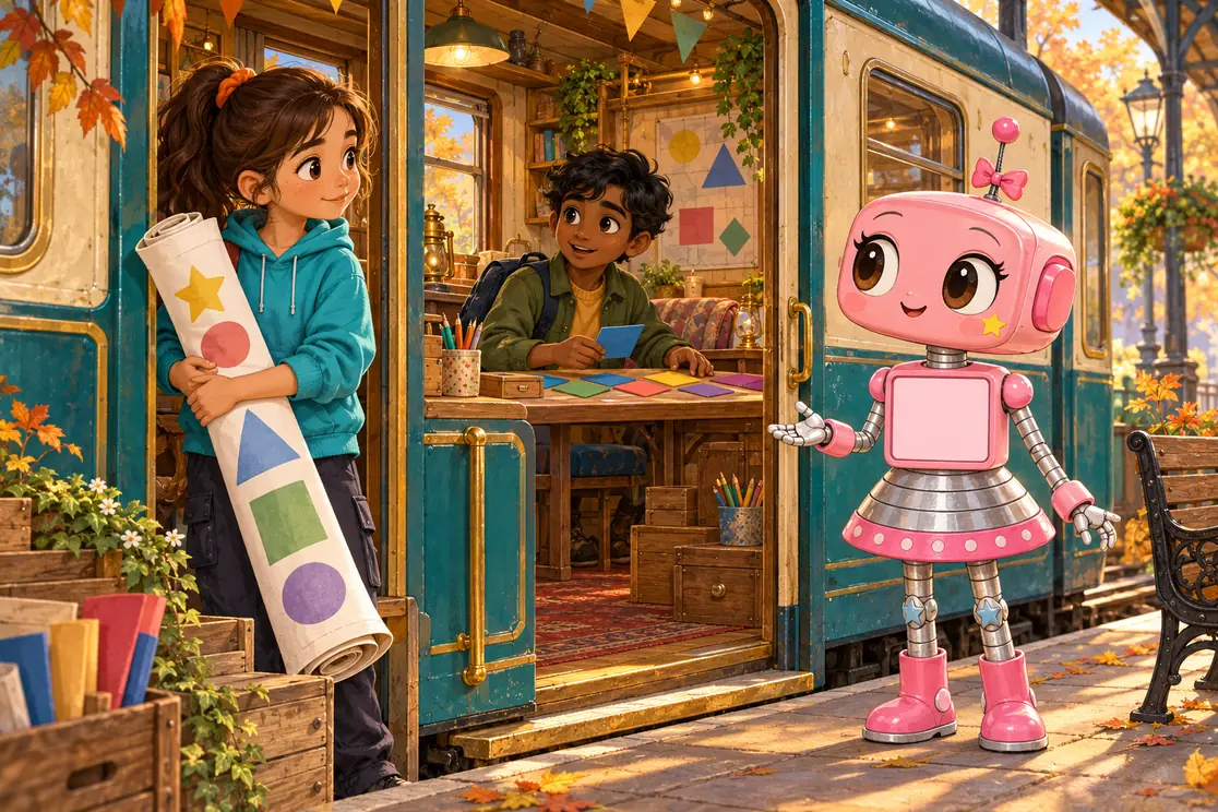 Mina holds a banner at a stationary carriage doorway. Inside, Arjun tries arrangements of cards. Pink coach CKRobi listens with an inviting open hand.