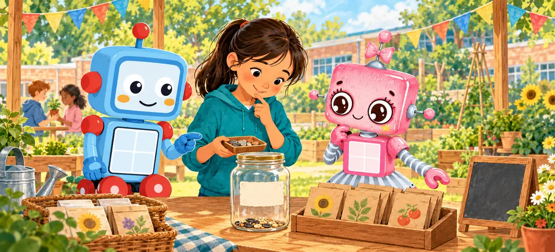 Mina, a girl in a teal hoodie, runs a school seed stall with blue CKRobo and pink CKRobi. Seed packets, a jar, a coin tray and a sign are on the table.
