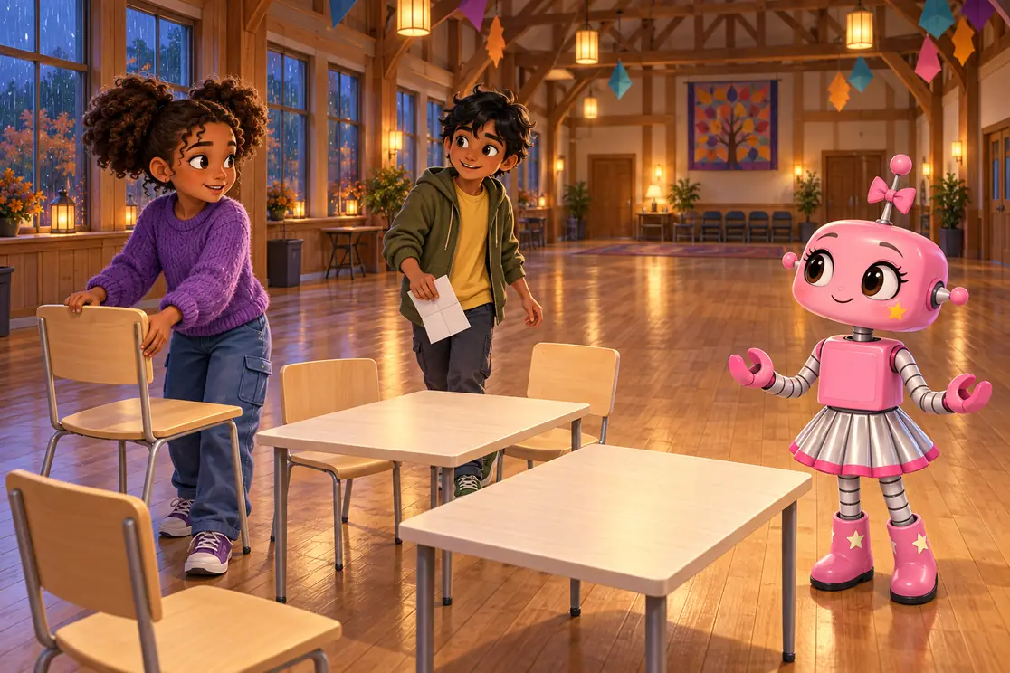 Amara moves a chair in a small rehearsal layout. Arjun walks beside the tables with a plan, while full pink coach CKRobi listens in the spacious hall.