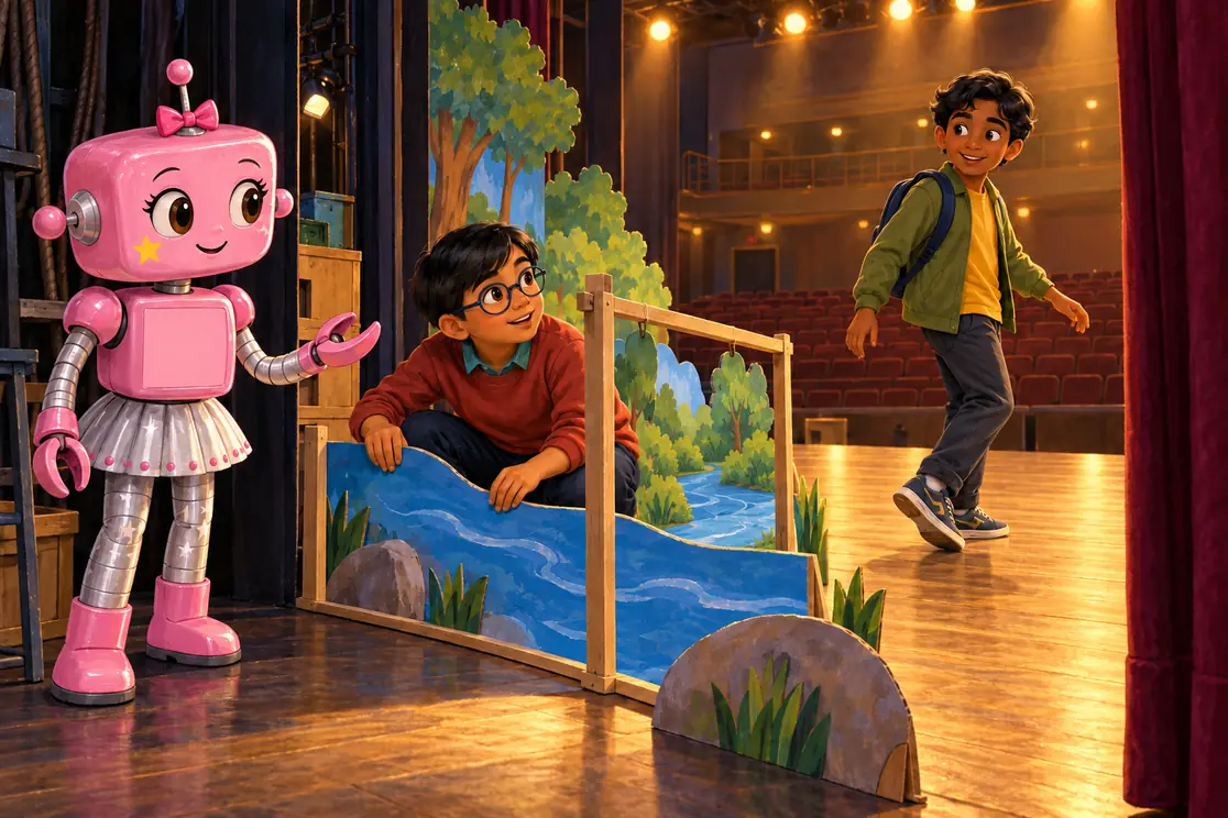Rowan adjusts a puppet-theatre scene while Arjun rehearses on the open stage. Pink coach CKRobi listens nearby, with the empty audience seats beyond them.