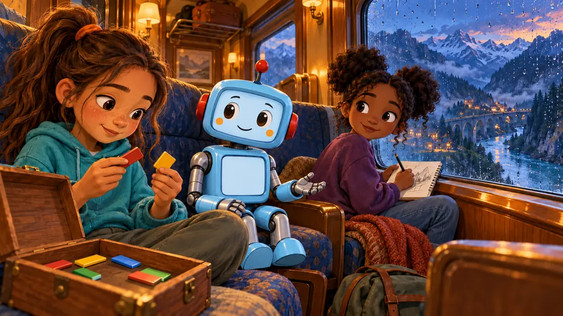 Mina sorts mosaic pieces in a train compartment, Amara turns from her mountain sketch, and blue coach CKRobo listens with an open hand.