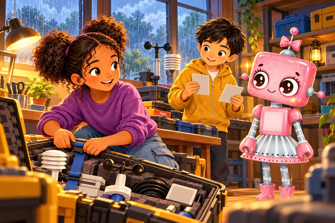 Amara fastens a packing strap in the foreground of a rain-lit weather workshop; farther back Li Wei compares equipment cards while pink coach CKRobi listens.