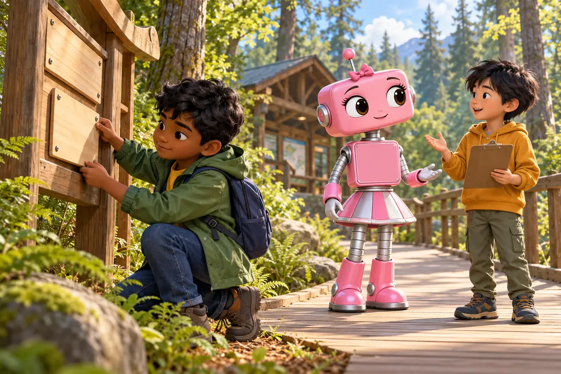 Arjun fits a woodland sign panel while Li Wei explains an idea to pink coach CKRobi beside a boardwalk.