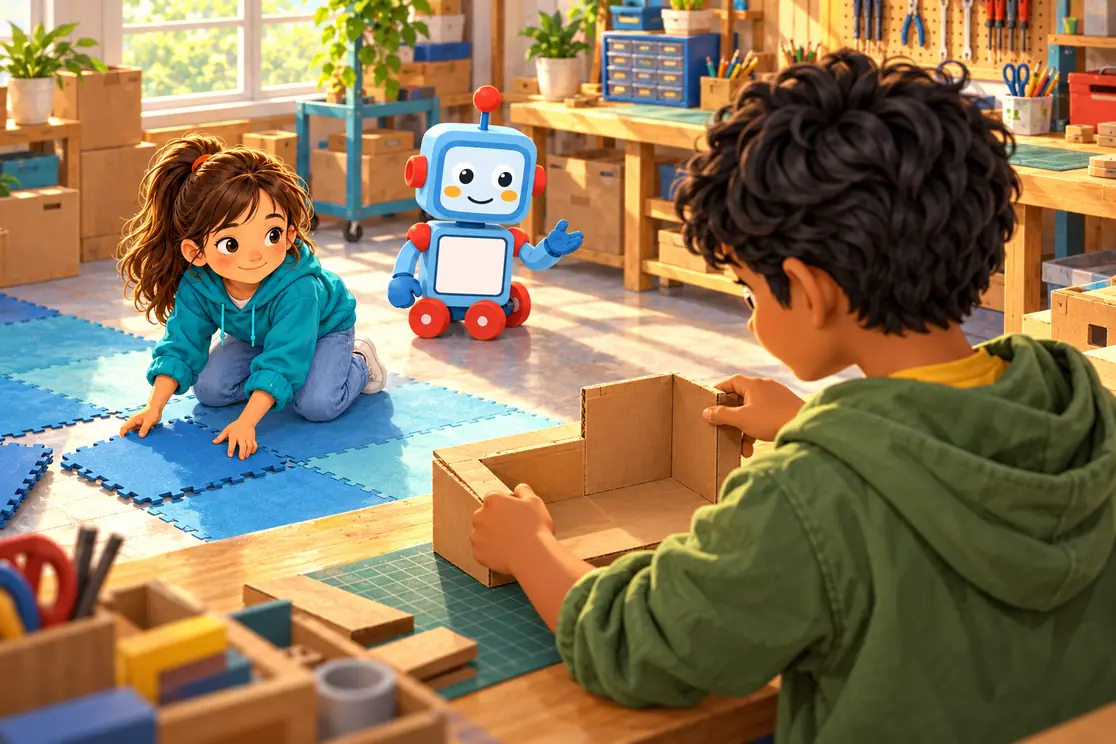 Seen over Arjun’s shoulder as he works on a cardboard room model, Mina tries floor mats and light sky-blue coach CKRobo listens in the workshop.